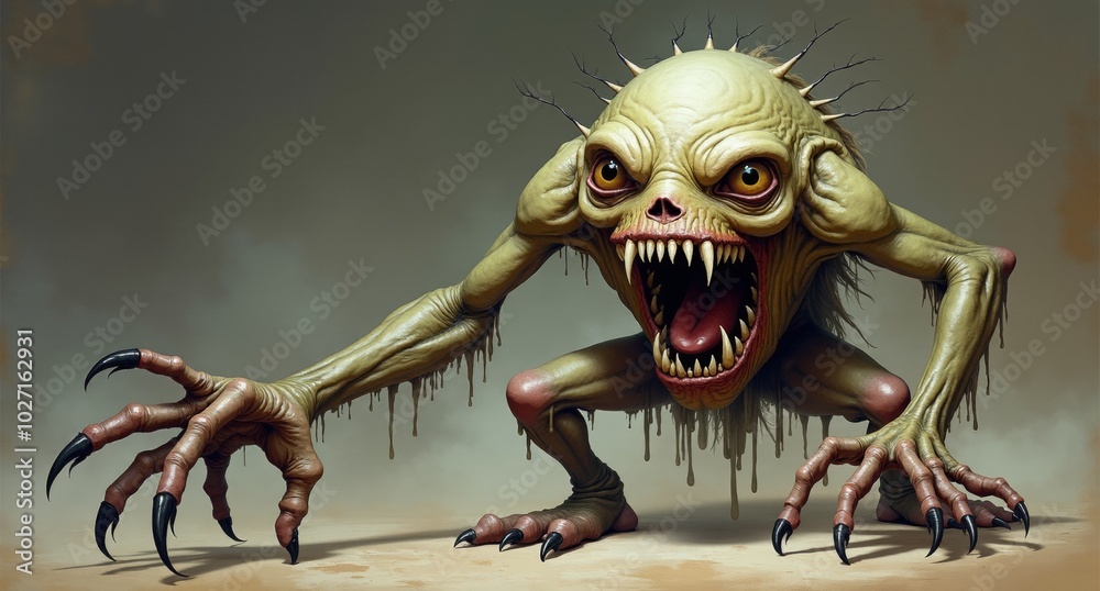 Fototapeta premium A hunched ghoul with drooping skin and jagged, broken teeth shuffles forward, groaning menacingly. Its oversized feet keep tripping it up, making its attempts to appear terrifying come off as awkward 