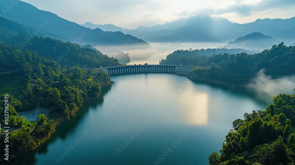 Scenic Sunrise Over Mountain Dam and Serene River View Scenic Sunrise Over Mountain Dam and Serene River View