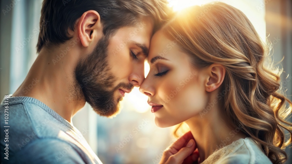 Naklejka premium Photorealistic close-up of a gentle kiss on the forehead between a couple in love