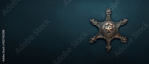 Ornate Golden Star with Copy Space on Dark Blue Background