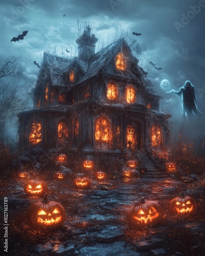 A spooky, haunted house with glowing jack-o'-lanterns and a ghostly figure on a moonlit night.