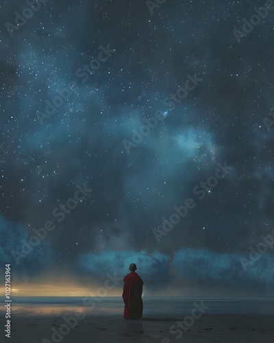 Solitary Monk Gazing at the Infinite Cosmic Expanse