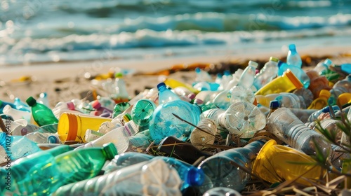 Beach Littered with Plastic Bottles