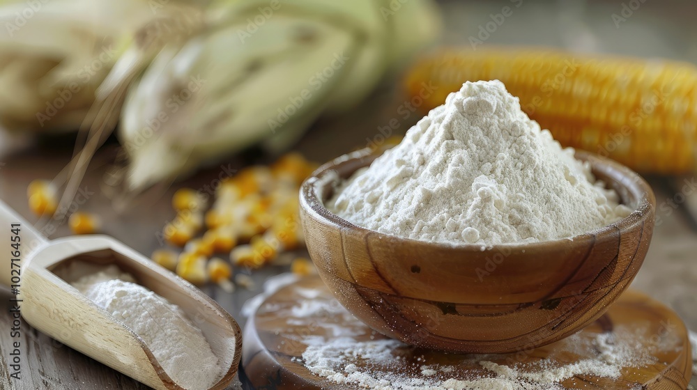 Fresh Corn Flour in Wooden Bowl Fresh Corn Flour in Wooden Bowl