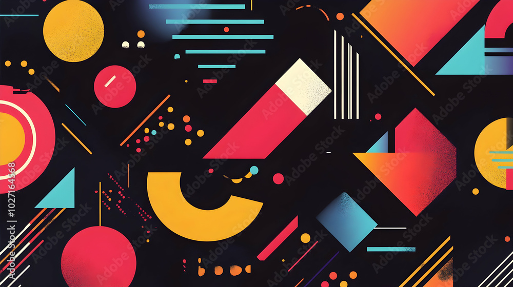 Flat abstract retro shapes background with colorful geometric figures on black illustration - Flat abstract retro shapes background with colorful geometric figures on black illustration -