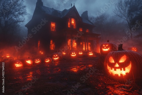 A spooky, old house with glowing jack-o-lanterns and fog.