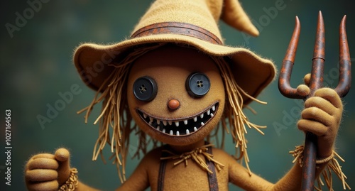 A raggedy scarecrow with a burlap sack face and mismatched button eyes stands in a field, holding a rusty pitchfork. Straw pokes out from its joints, and its oversized hat keeps falling over its creep photo