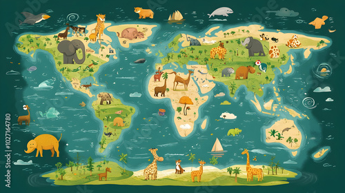 Wallpaper Mural Fun world map for kids with cartoon animals, continents, and oceans for learning and discovery  - Torontodigital.ca