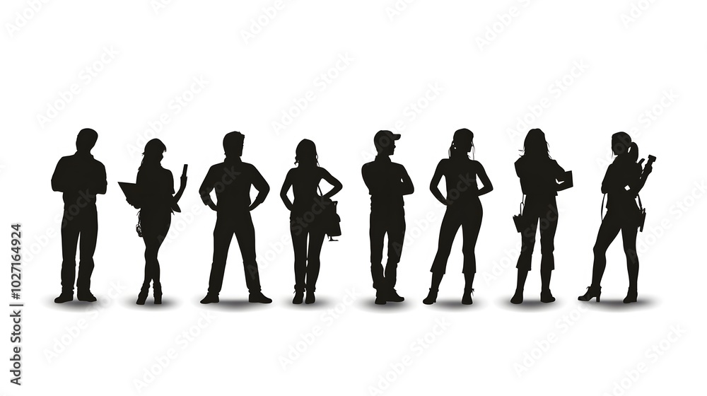 Silhouettes of eight people standing in a line Silhouettes of eight people standing in a line