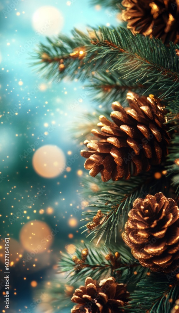 Close-up of a pine branch adorned with golden pine cones, evoking a warm and festive atmosphere. Close-up of a pine branch adorned with golden pine cones, evoking a warm and festive atmosphere.