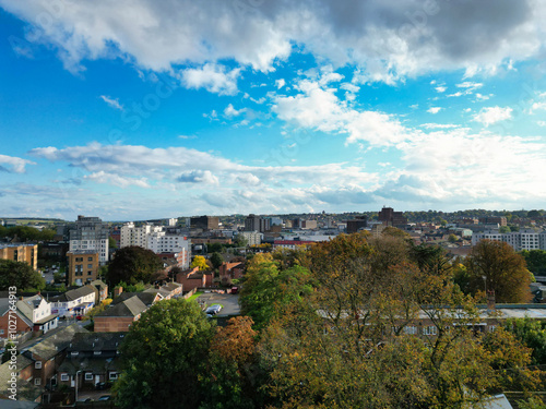 High Angle View of Luton City Residential District Which is Located Near to City Center Downtown of England UK During Cold Sunset of October 12th, 2024