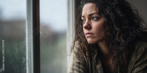 Sad lonely young woman sitting by the window in rainy weather. Generative AI.