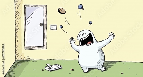 A mischievous poltergeist floats above the ground, causing objects to levitate and spin around the room chaotically. Its twisted grin is unsettling, but its clumsy movements and tendency to knock thin