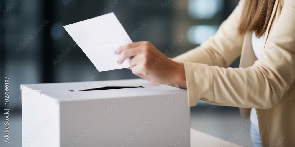 A young woman casts a ballot into a ballot box at a polling station. Generative AI. A young woman casts a ballot into a ballot box at a polling station. Generative AI.
