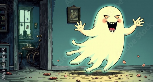 A mischievous poltergeist floats above the ground, causing objects to levitate and spin around the room chaotically. Its twisted grin is unsettling, but its clumsy movements and tendency to knock thin