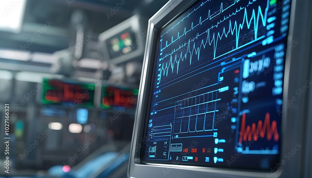 Advanced heart monitoring display captured in a high-tech medical environment. Advanced heart monitoring display captured in a high-tech medical environment.