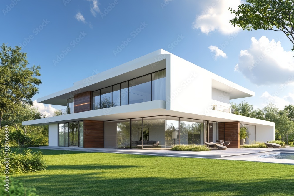Modern white house with large windows and a swimming pool. Modern white house with large windows and a swimming pool.