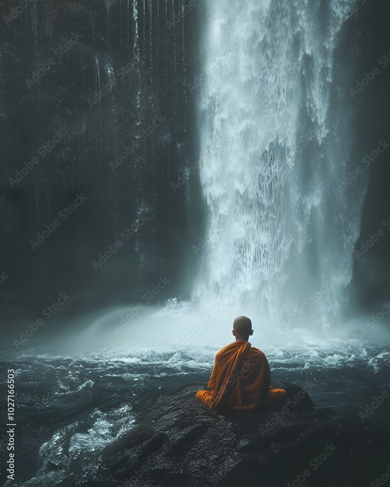 Obraz premium Monk Meditating Under Cascading Waterfall Seeking Purification and Inner Peace