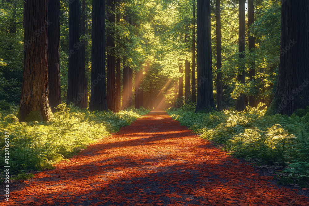 Fototapeta premium Sunbeams Through a Forest Path: A Tranquil Woodland Scene