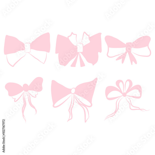 Set of pink ribbon bows isolated on white background, gift ribbons, vector tied bows 