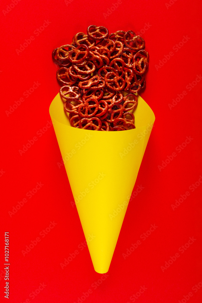 Mini pretzels in yellow paper cone lie on red background. Fast food concept Mini pretzels in yellow paper cone lie on red background. Fast food concept