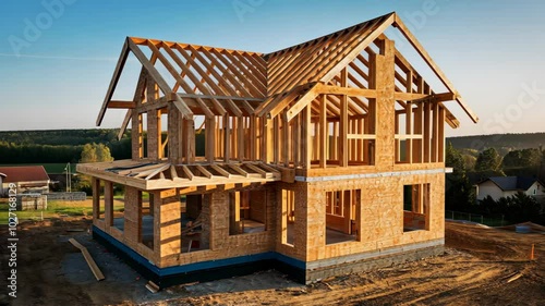Suburban home under construction with wooden frame and scaffolding