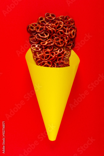 Mini pretzels in yellow paper cone lie on red background. Fast food concept photo