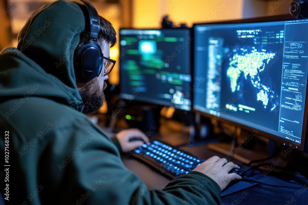 A computer programmer working late at night in a dimly lit room with multiple monitors A computer programmer working late at night in a dimly lit room with multiple monitors