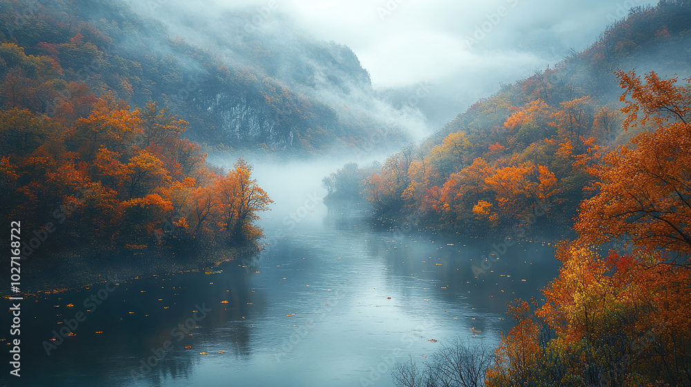 Fototapeta premium Misty Autumn River Landscape with Colorful Trees