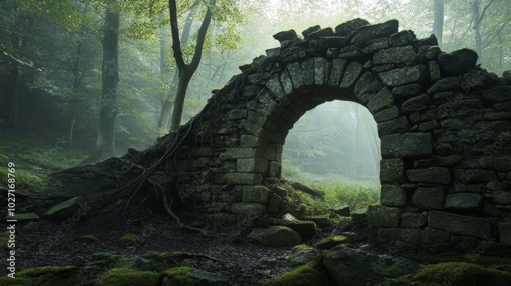 Fototapeta premium Ancient Stone Archway in a Foggy Forest