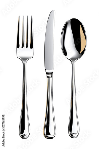Elegant stainless steel cutlery set isolated on transparent background, png