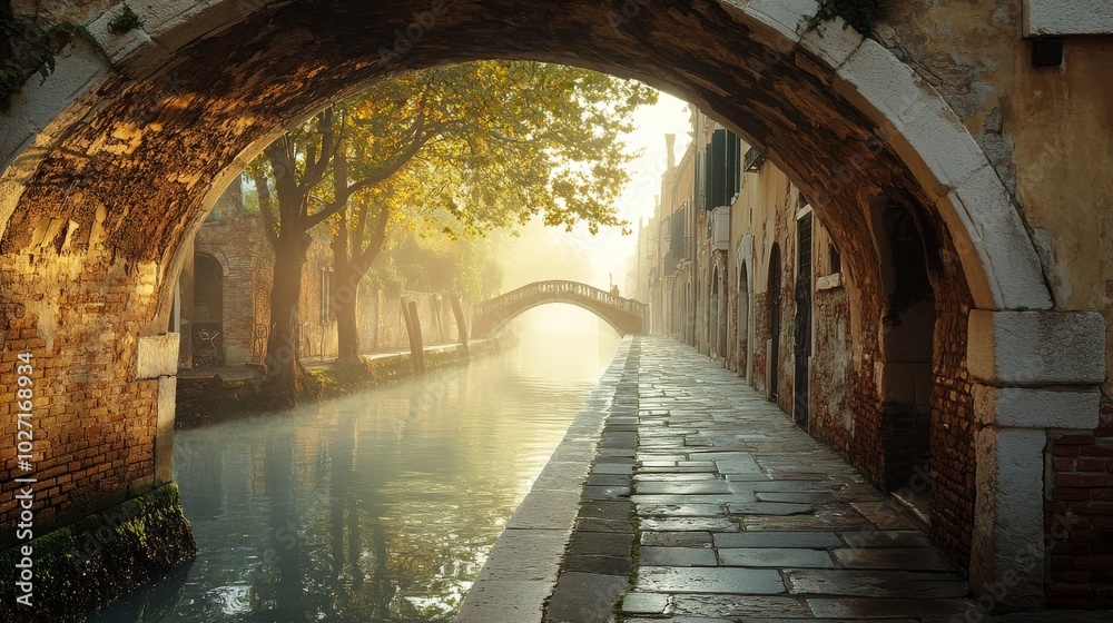 Fototapeta premium A Stone Bridge Over a Canal in Venice, Italy with Mist and Golden Light