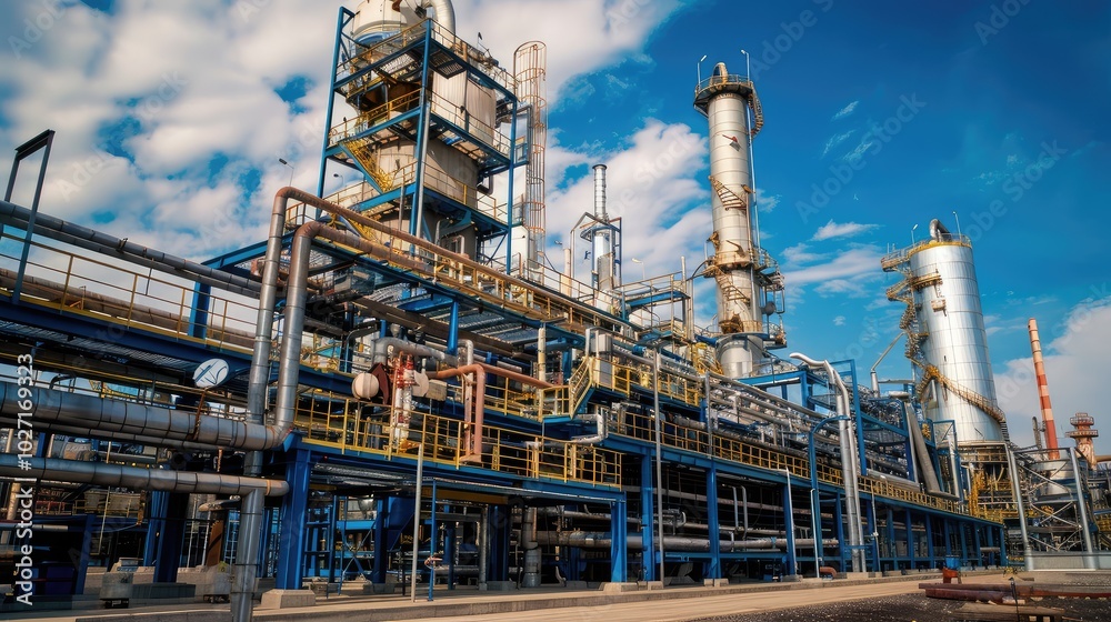 Modern Industrial Refinery Under Blue Sky Modern Industrial Refinery Under Blue Sky