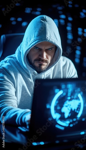 A focused person in a hoodie intently uses a laptop in a dark, techy night setting