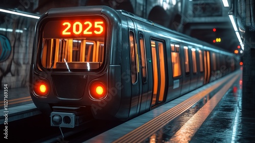 Modern subway train station with illuminated signs, urban transport in motion.