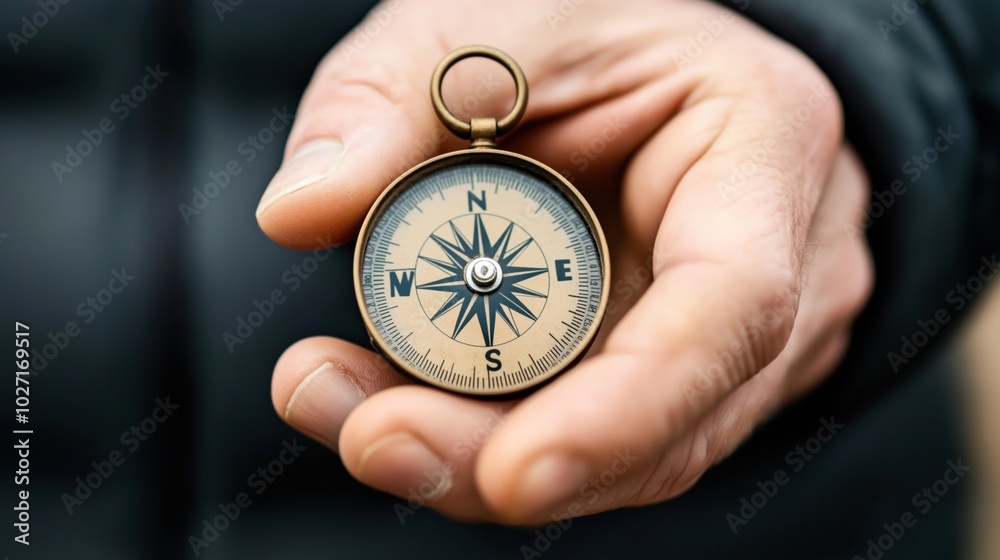 Close-up of a person's hand holding a vintage-style compass displaying cardinal directions against a blurred background. Close-up of a person's hand holding a vintage-style compass displaying cardinal directions against a blurred background.