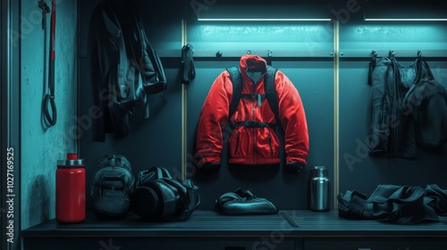 Red Jacket and Gear Hanging in a Locker Room