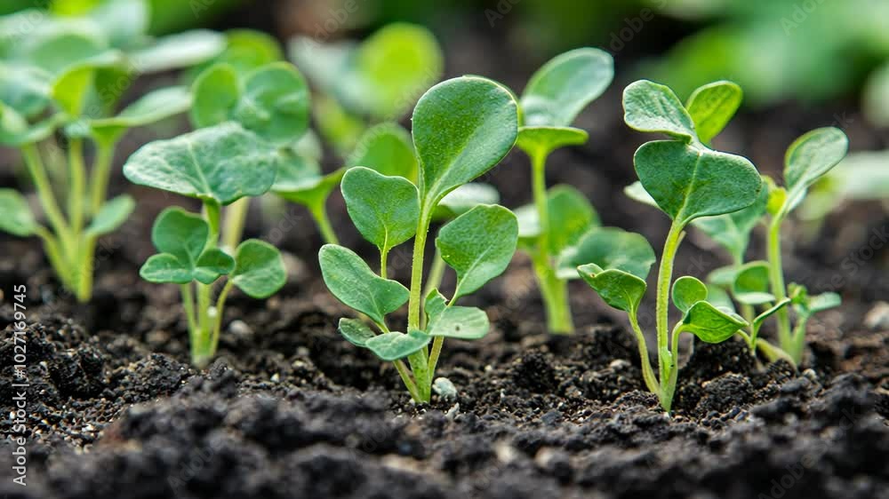 Young seedlings emerge from rich soil in a garden Young seedlings emerge from rich soil in a garden