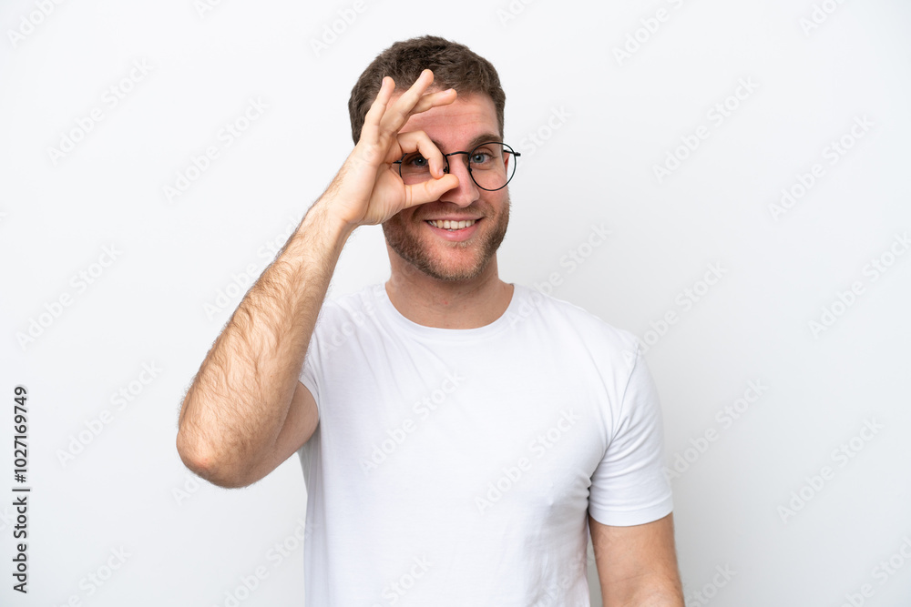 Young caucasian man isolated on white background With glasses with happy expression Young caucasian man isolated on white background With glasses with happy expression