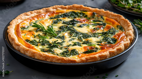 Delicious Spinach and Cheese Quiche in Black Dish