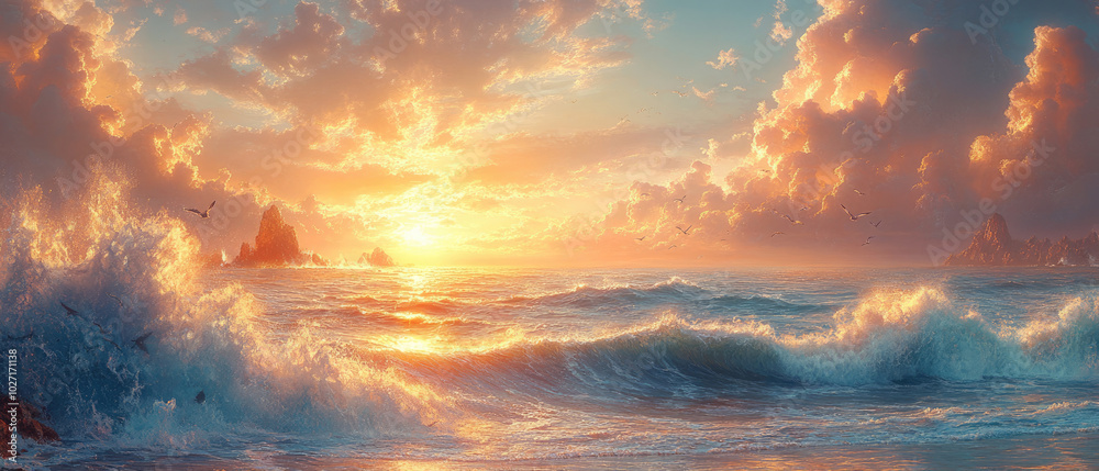 Fototapeta premium Dramatic Sunset Over the Ocean with Golden Clouds and Waves