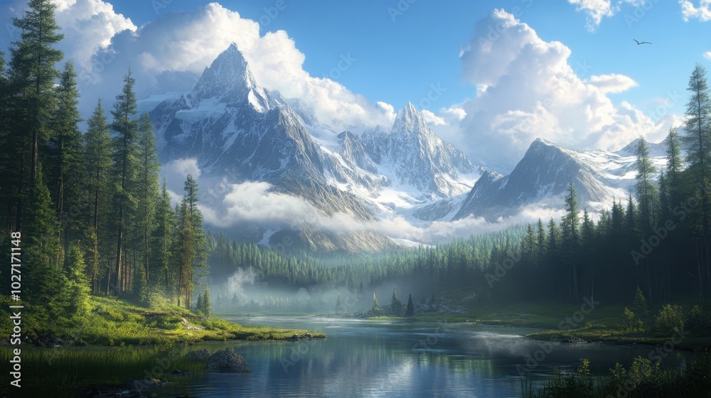 Majestic mountain ranges with vast forests and rivers stretching across the American wilderness Majestic mountain ranges with vast forests and rivers stretching across the American wilderness