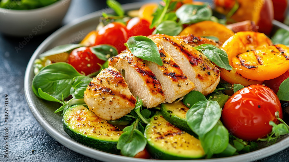 Grilled chicken slices on a bed of fresh vegetables with basil leaves, tomatoes, and zucchini on a textured plate Grilled chicken slices on a bed of fresh vegetables with basil leaves, tomatoes, and zucchini on a textured plate