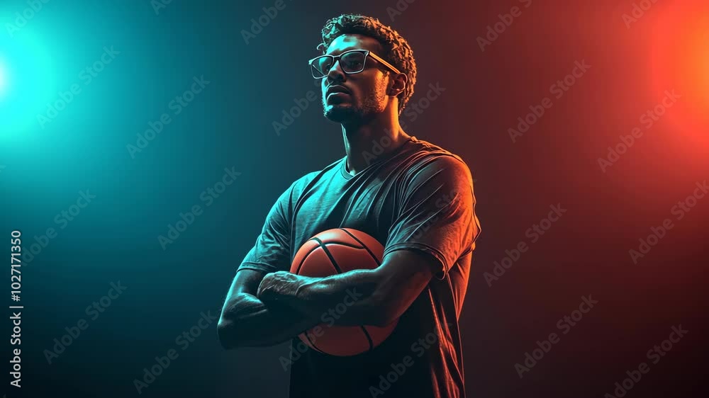 A basketball player stands with arms crossed, holding a basketball in front of him, illuminated by blue and red lights