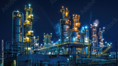 Illuminated Industrial Plant at Night