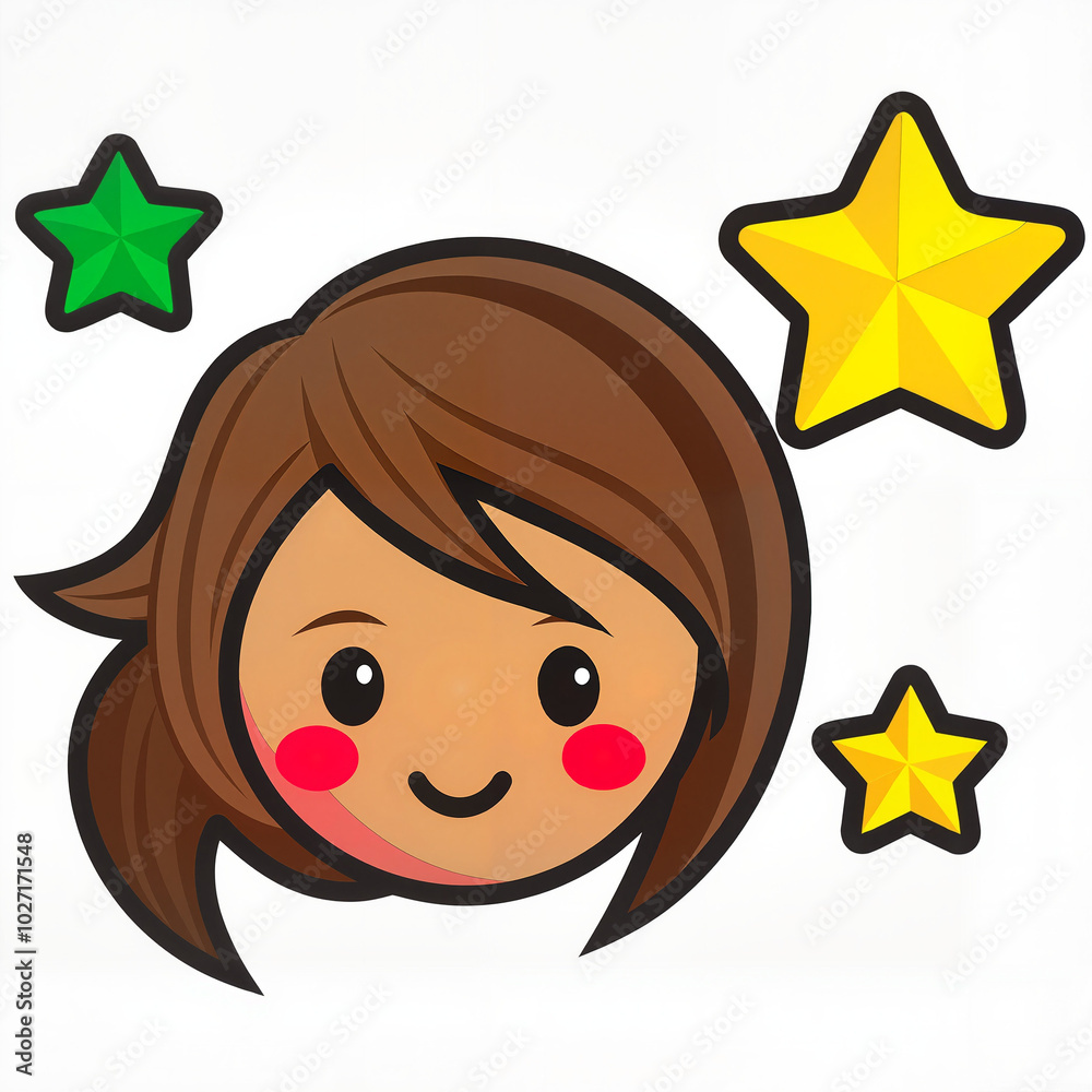 Cute cartoon girl with brown hair and stars in a playful design Cute cartoon girl with brown hair and stars in a playful design
