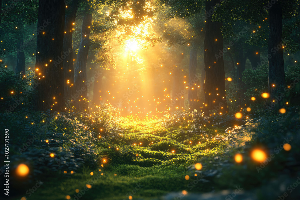 Obraz premium Enchanted Forest Path with Fireflies and Sunlight