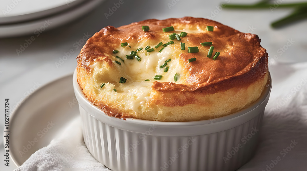 Savory Cheese Souffle with Herbs in Ramekin Gourmet Appetizer Food Photography Savory Cheese Souffle with Herbs in Ramekin Gourmet Appetizer Food Photography