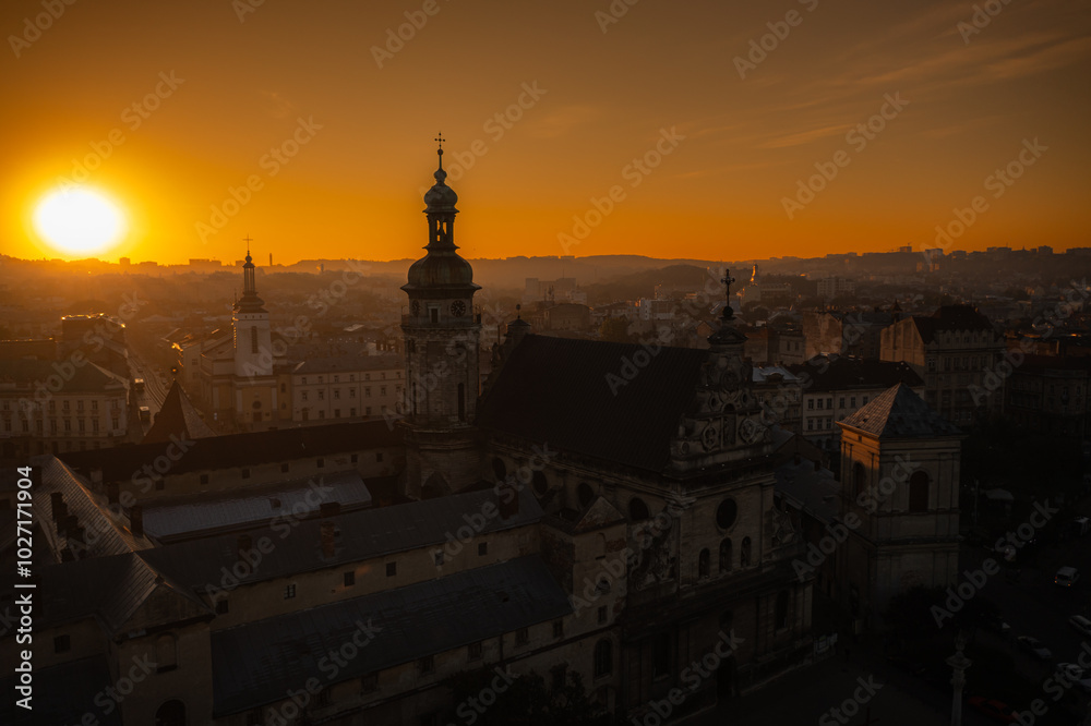 Fototapeta premium Panoramic aerial view on Lviv from drone