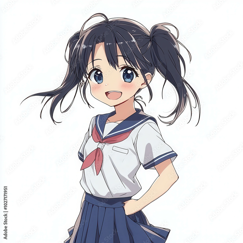 Cute Anime School Girl: A cheerful anime girl with dark blue hair in pigtails, blue eyes, and a bright smile, wearing a classic Japanese school uniform. Cute Anime School Girl: A cheerful anime girl with dark blue hair in pigtails, blue eyes, and a bright smile, wearing a classic Japanese school uniform.
